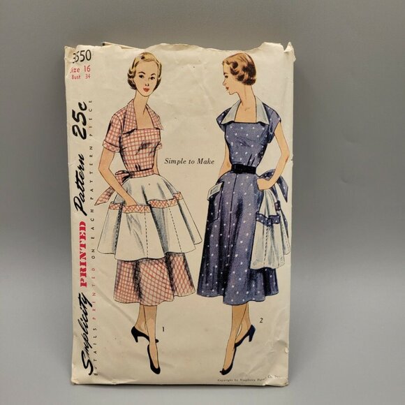 Simplicity 1951 Women's Dress and Apron Sewing Pattern #3550 Size 16 - Picture 1 of 3